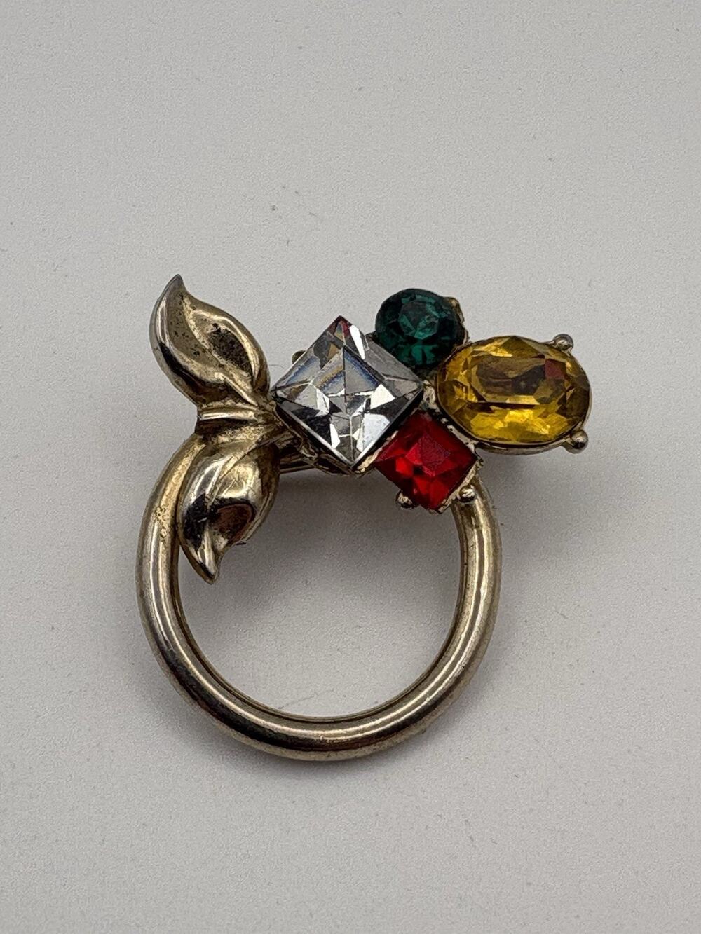 Vintage Coro Signed Simulated Stone Wreath Brooch Brass Pin Multi Color Retro